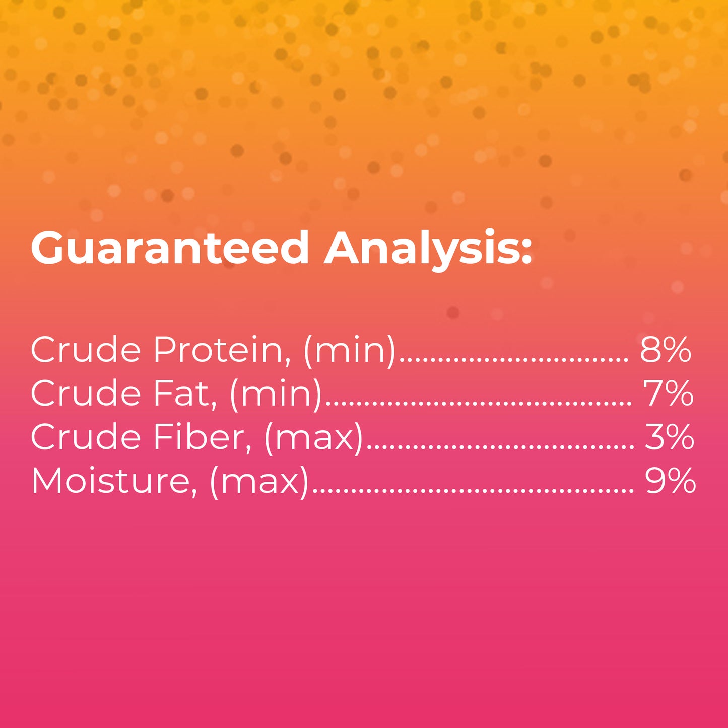 Guaranteed analysis listed: crude protein (min.) 8%, crude fat (min.) 7%, crude fiber (max.) 3%, moisture (max.) 9%