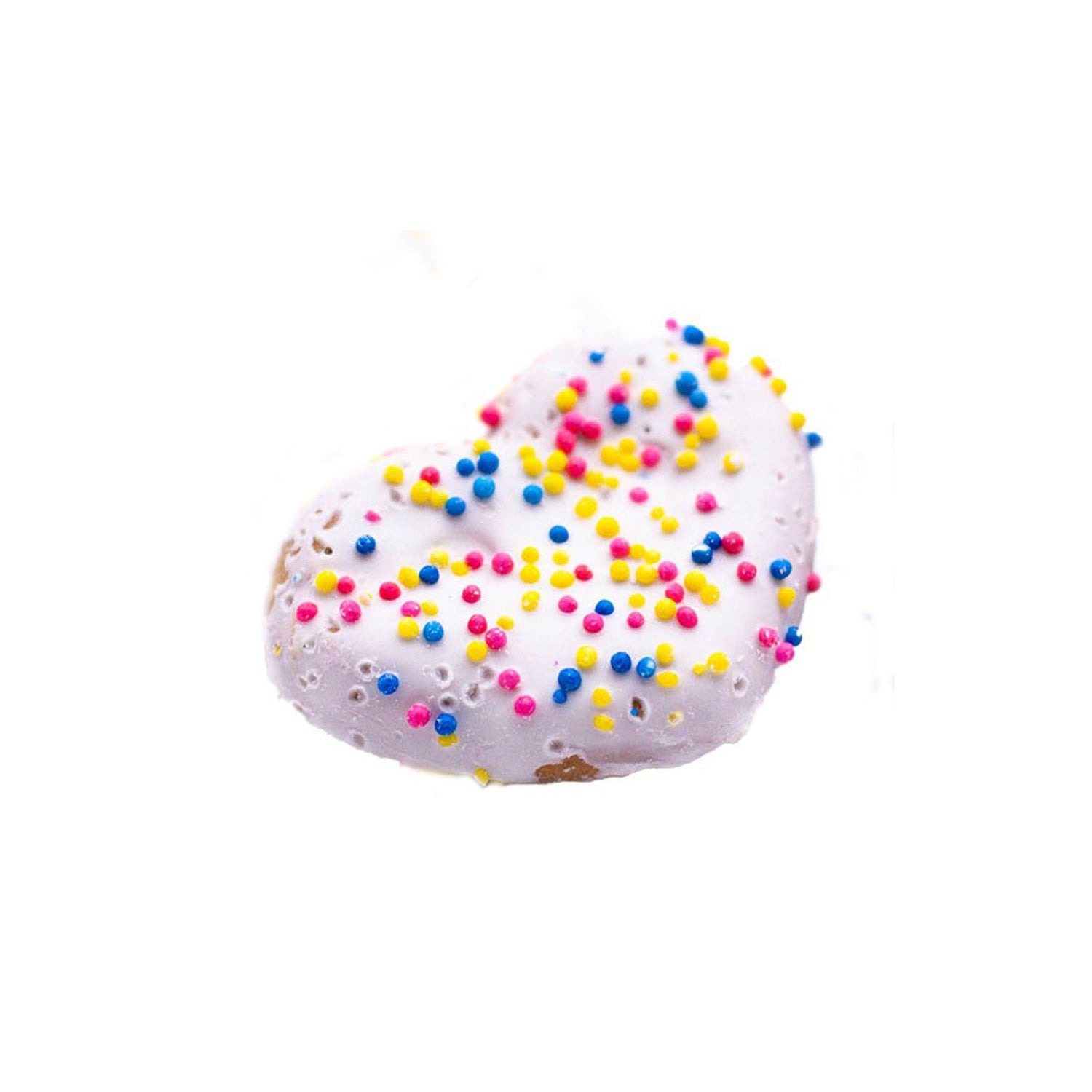 Close up of yogurt coated confetti heart dog treat.