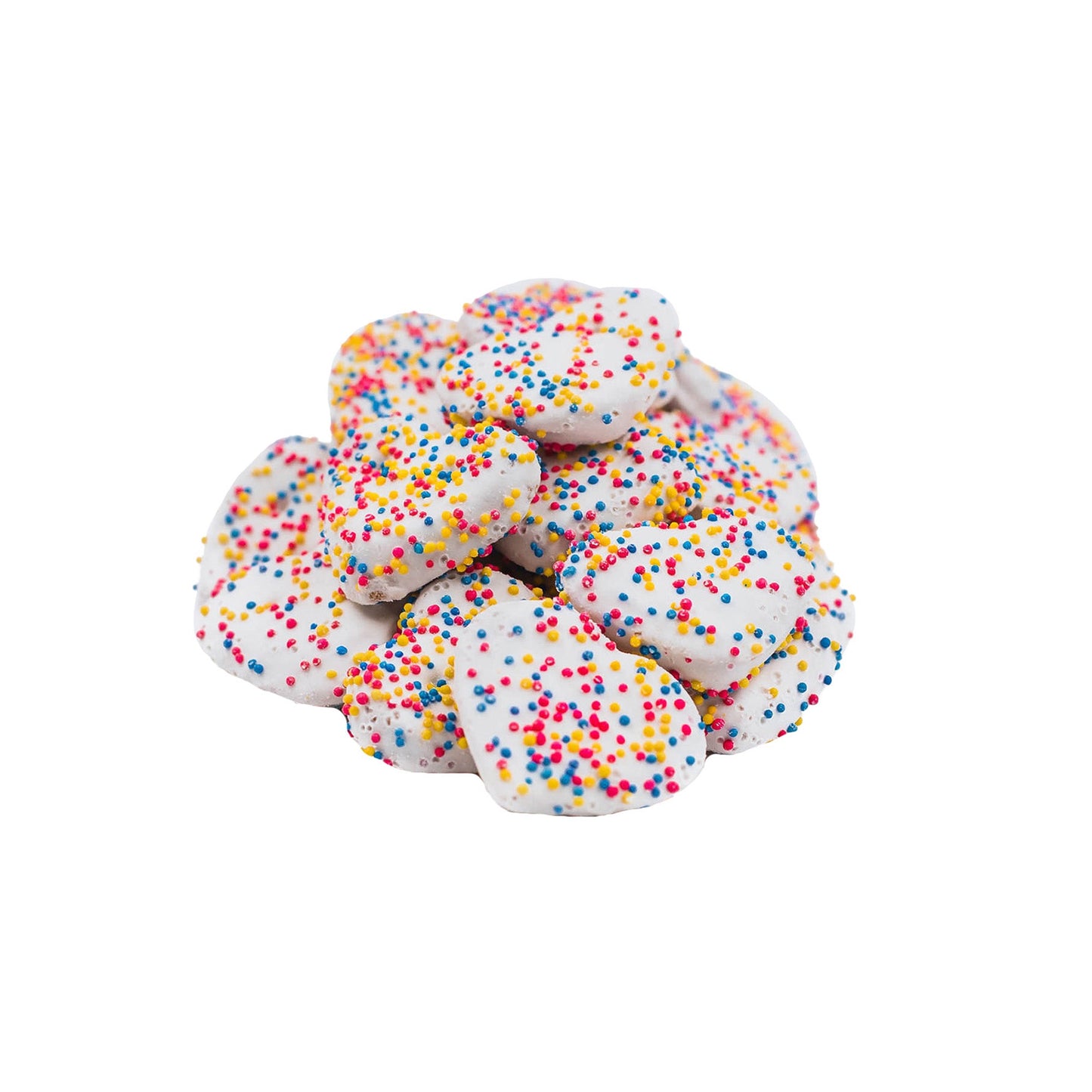 Small pile of yogurt coated confetti heart dog treats.