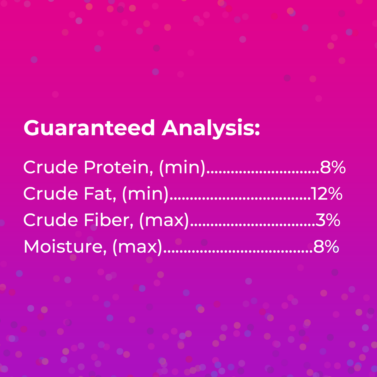 Guaranteed analysis listed: crude protein (min.) 8%, crude fat (min.) 12%, crude fiber (max.) 3%, moisture (max.) 8%